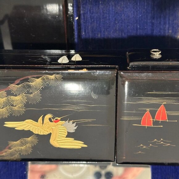 Vintage Japanese Black Enamel Musical Jewelry Box w/ Bronze Inlay – Beautiful - Picture 8 of 12